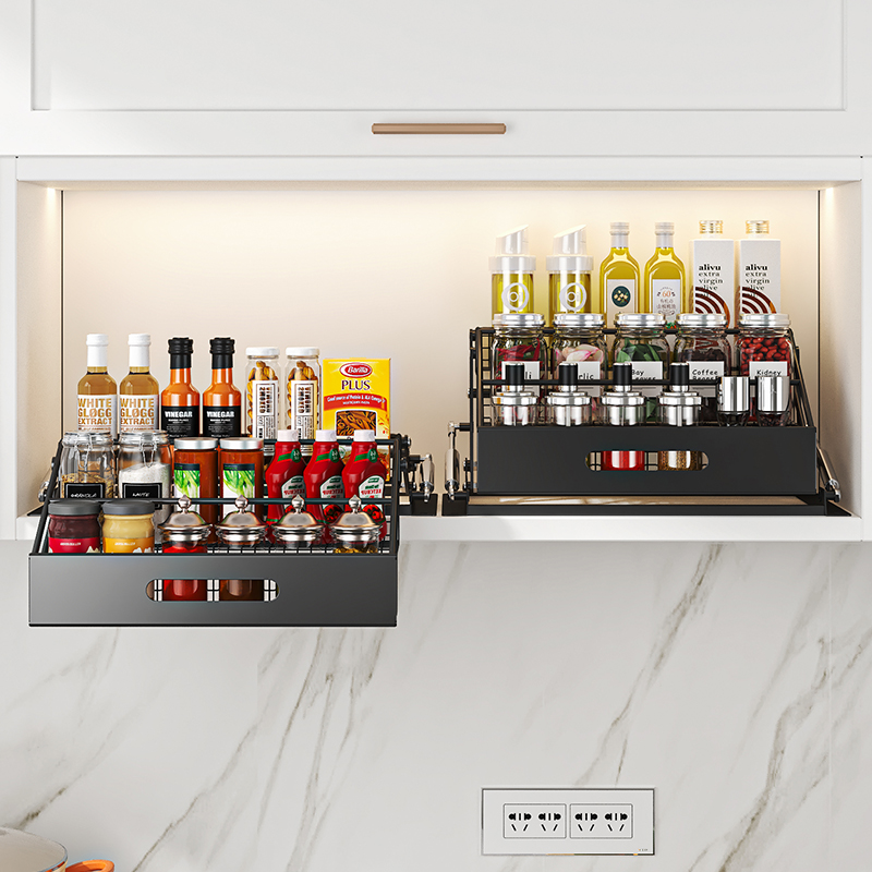 Kitchen Gadgets Rack - 1個 3段式プルダウンオーガナイザー リフト式格納式キッチン収納ラック キャビネット下スパイスラック 拡張可能なキッチン調味料棚