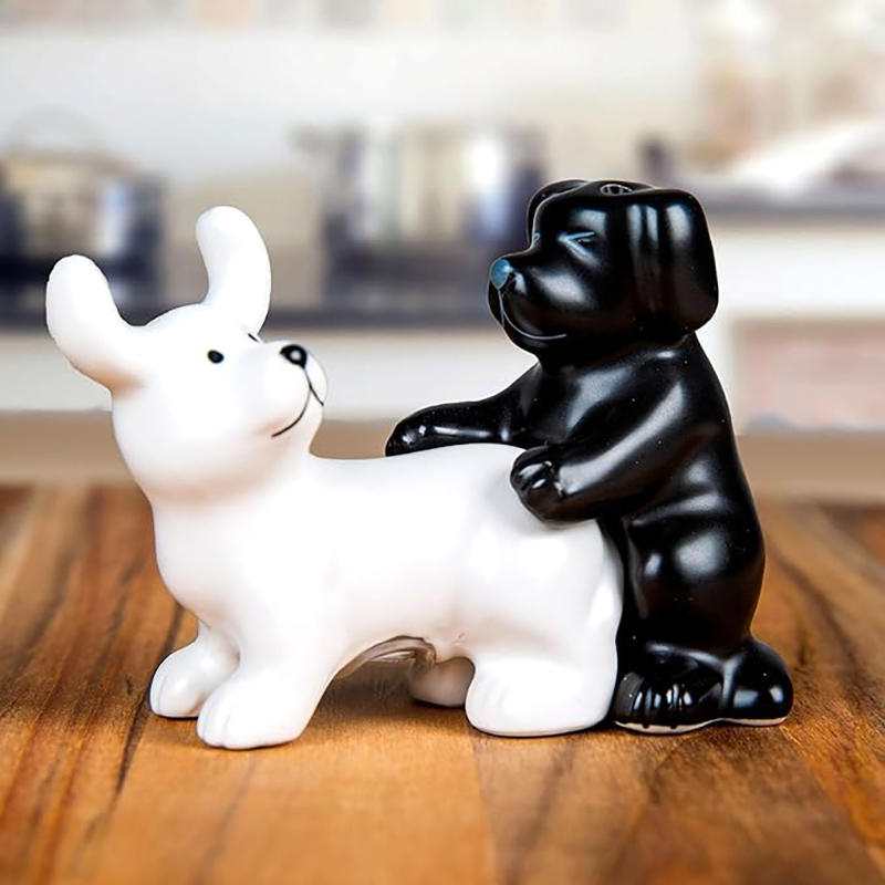 Kitchen Gadgets Novelty - 白黒の陶器製犬型塩コショウ入れセット、面白いノベルティギフト、犬好きやキッチンユーモア、レストランに最適