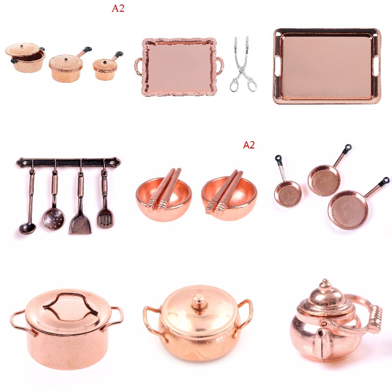 Kitchen Gadgets Gold - 1:12 スケールドールハウスミニチュアローズゴールドカラーフライパン調理ポットケトル調理器具キッチン調理キット人形アクセサリー