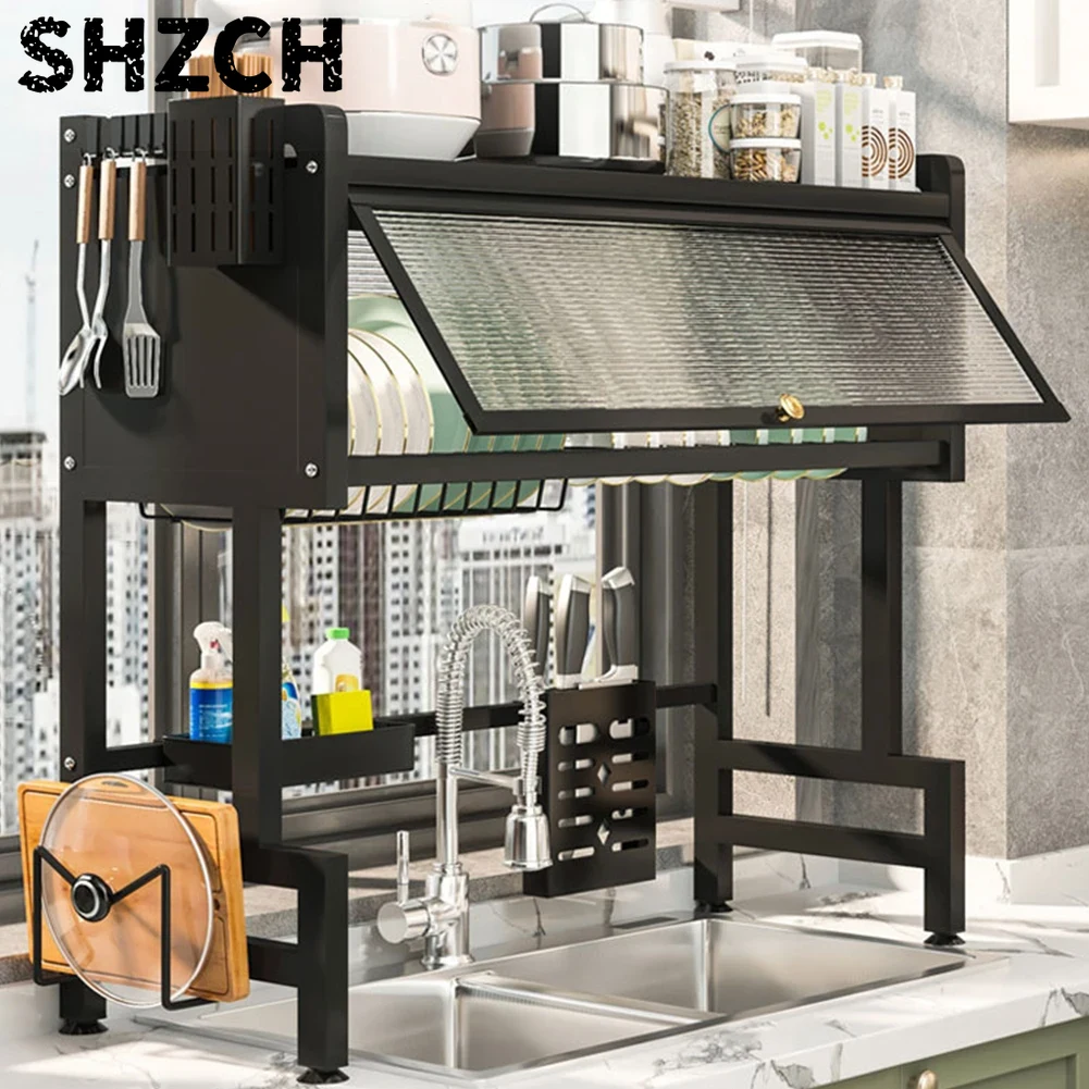 Kitchen Gadgets Rack - キッチン収納キャビネット シンク上スチール製食器乾燥ラック 3段式 カップホルダー付き 大型シンク上食器乾燥ラック カバー付き
