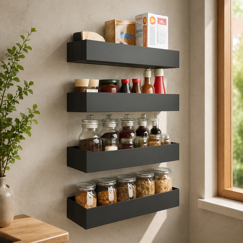 Kitchen Gadgets Rack - 冷蔵庫サイド収納用マグネット式ブラックアイアンラック、コンパクトなキッチンスパイスオーガナイザーシェルフ
