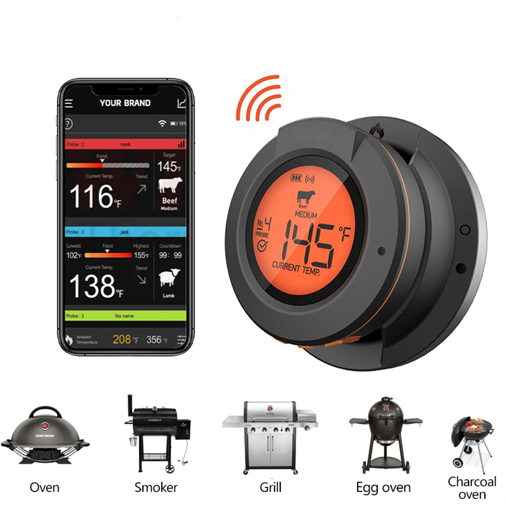 Instant Read Thermometer - ワイヤレスデジタル肉温度計,Bluetooth,インスタント読み取り,屋内,屋外調理食品用,バーベキュー,グリル,オーブン,スモーカーサポート,2/4プローブ