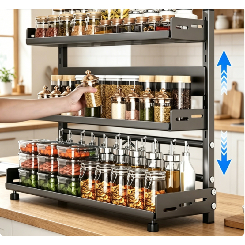 Kitchen Gadgets Rack - 3段式スパイス収納ラック、カウンター用、調整可能なスパイスオーガナイザー、キャビネットキッチンオーガナイザー、メタルシェルフ、ブラック