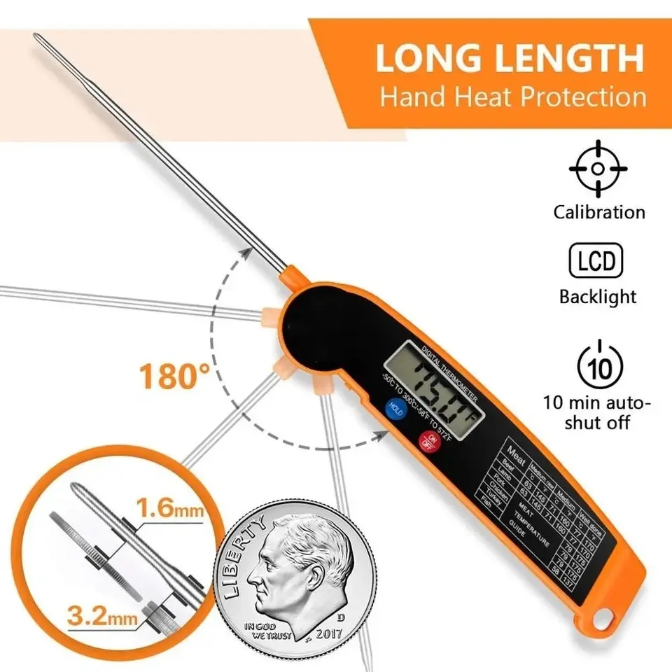 Instant Read Thermometer - 防水デジタルキッチンフードミート温度計、バックライト付きインスタント読み取り機能付き、グリル、バーベキュー、オーブン用 - 高精度