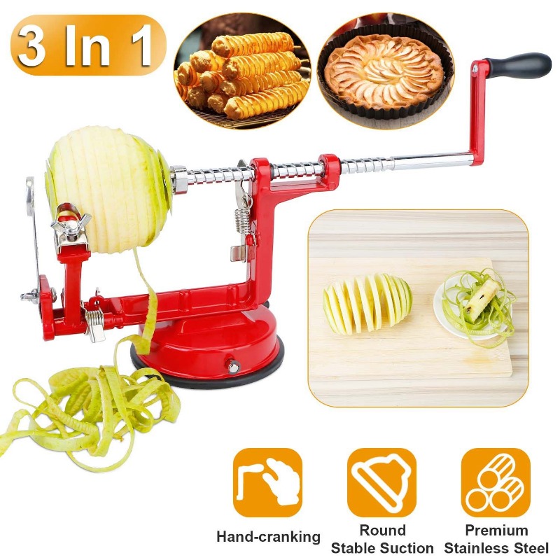 Apple Corer Slicer - 3in1アップルピーラー手動回転式ポテトフルーツコアスライサー、キッチンハンドクラッキングコアラー、3in1アップルピーラーコアラースライサー、強力な吸盤ベース付きポテト洋梨用手動ハンドクランクフルーツピーリングマシン