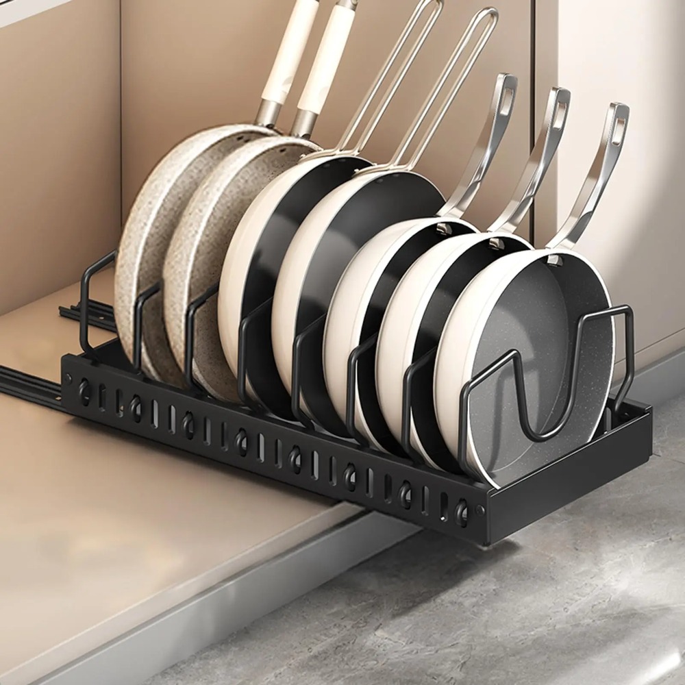 Kitchen Gadgets Rack - キッチン用の鍋と鍋のオーガナイザー、キャビネットの下、スライド式蓋ホルダー付き、鍋ラック、鍋と鍋のオーガナイザー、食器の保管用